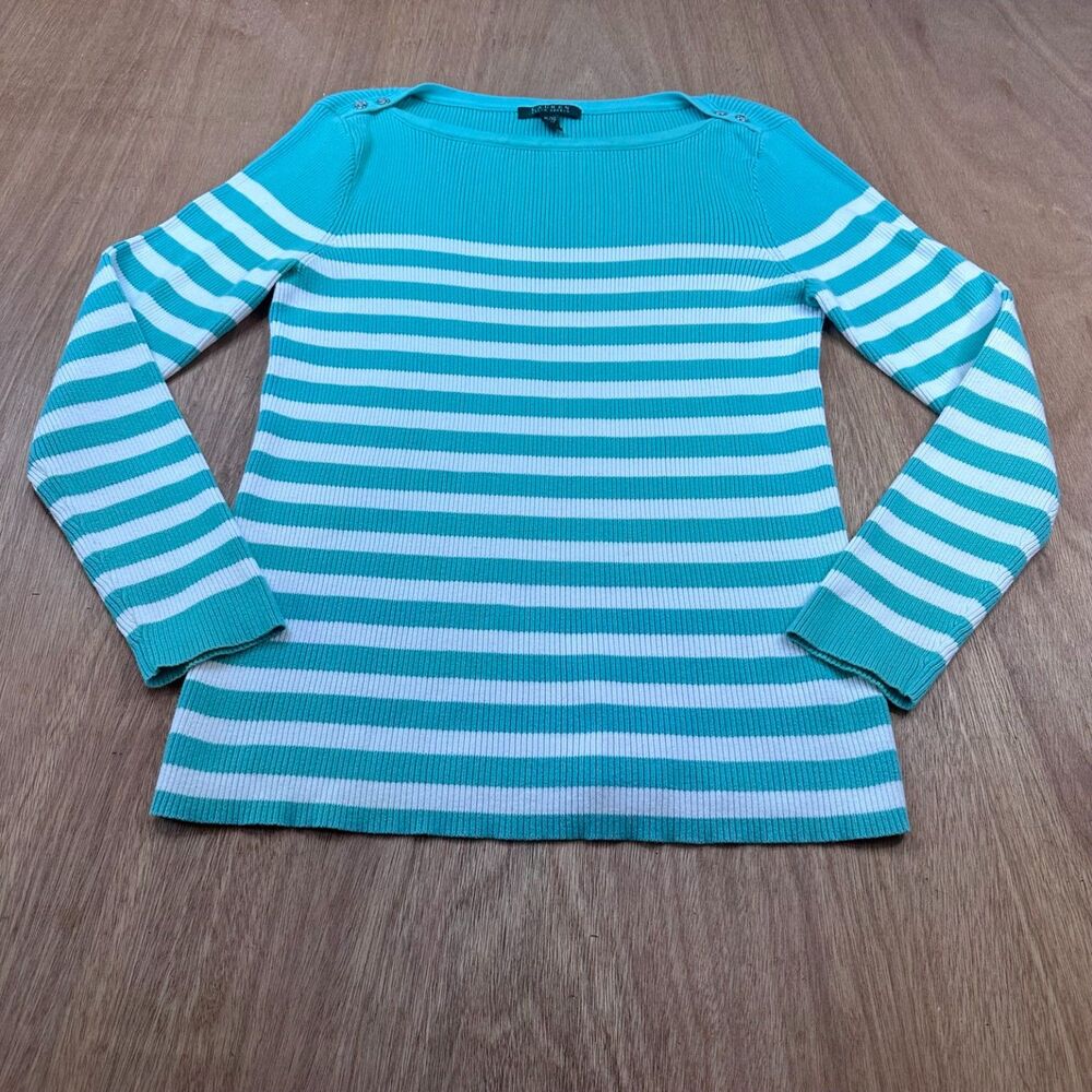 Lauren Ralph Lauren Striped Sweater XL Light Green/Teal White Boat Neck Cotton